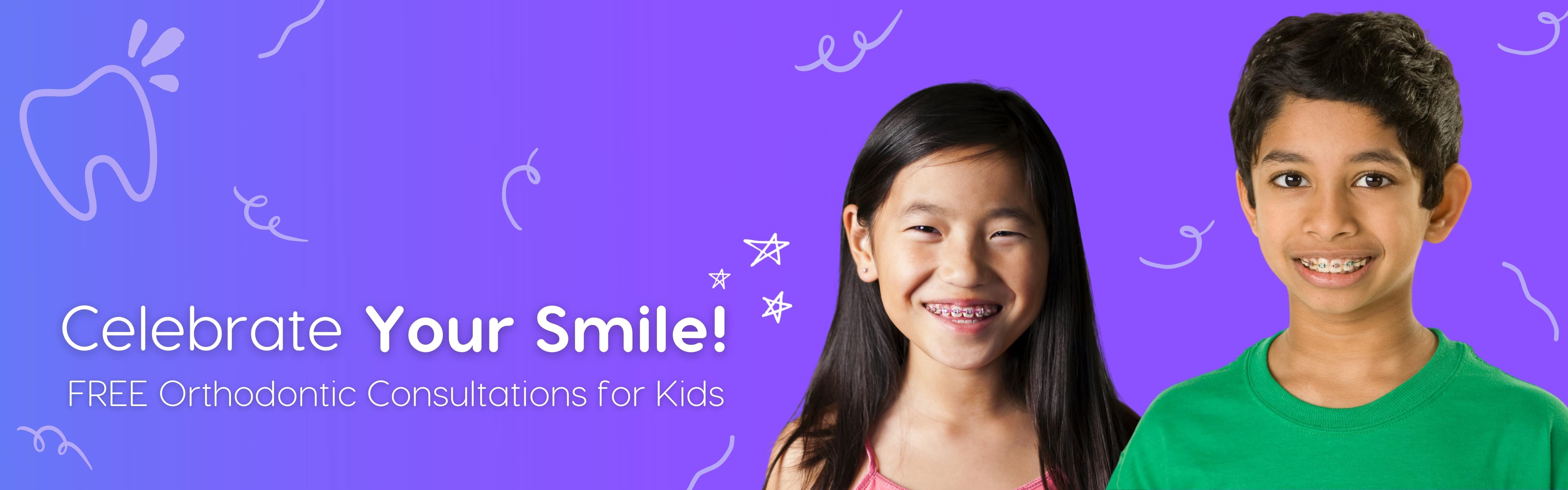 kids smiling with braces on purple background celebrate your smile